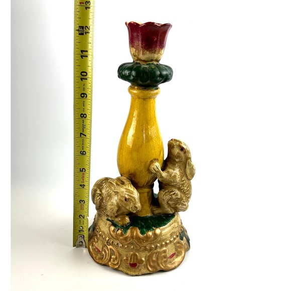 Vintage Bunny Rabbits Candle Stick Holder Rustic Whimsical Green Yellow Beige - Picture 8 of 10
